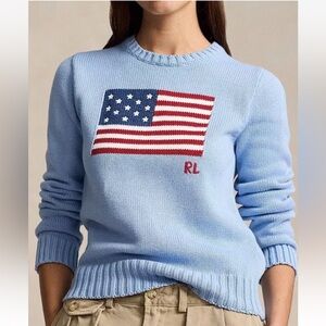 NWT Ralph Lauren Women's Light Blue American Flag Sweater